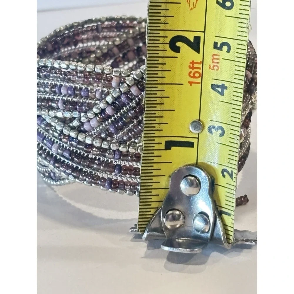 Purple Glass Bead Memory Wire Cuff Bracelet Silver Tone Wide Boho Statement